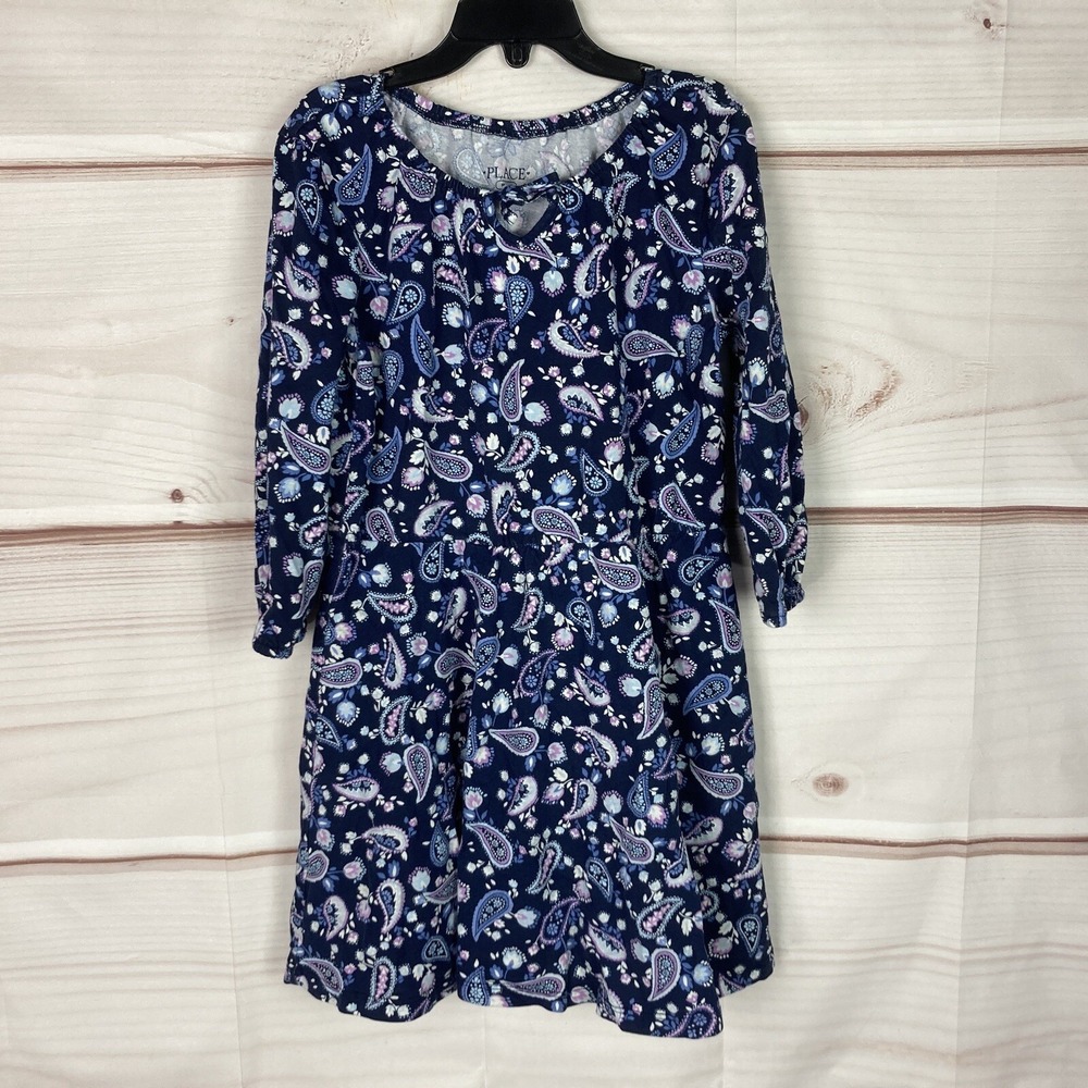 Childrens Place Dress Girls Medium Paisley Cotton Long Sleeve Blue Scoop Neck